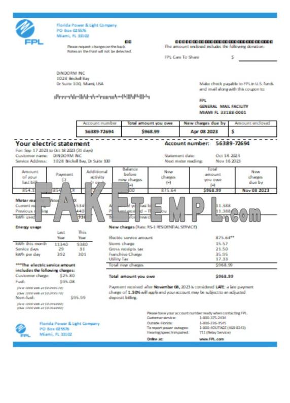 Florida Power & Light Company (FPL) electricity fake business utility bill Word and PDF template